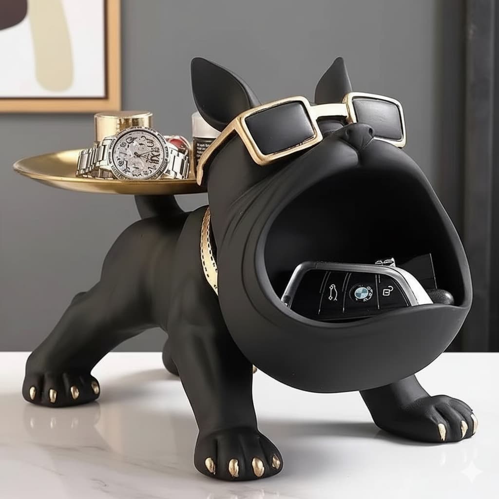 Cool French Bulldog Statue Storage Tray Black Resin Dog Figurine Key Bowl