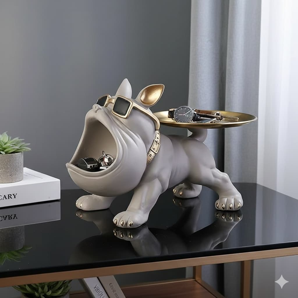 Cool French Bulldog Statue Storage Tray Grey Resin Dog Figurine Key Bowl