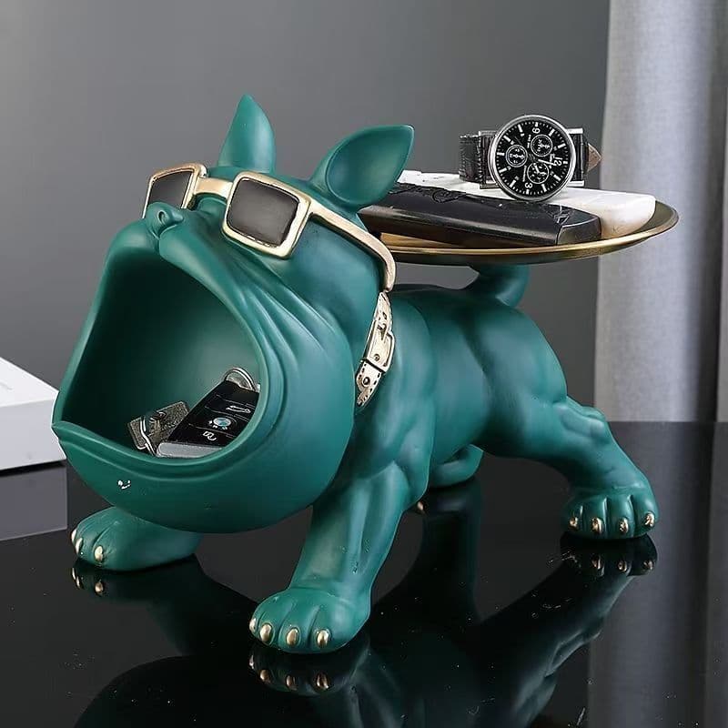 Cool French Bulldog Statue Storage Tray Dark Green Resin Dog Figurine Key