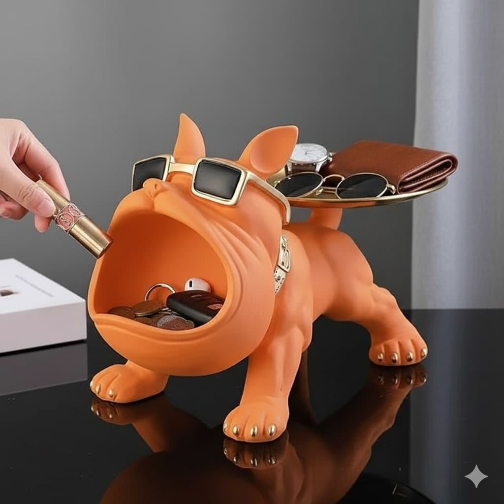 Cool French Bulldog Statue Storage Tray Orange Resin Dog Figurine Key Bowl