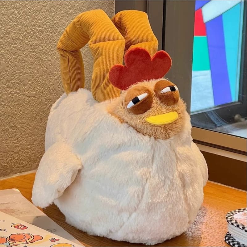 Funny Plush Chicken Handbag - Soft Fluffy Novelty Tote Bag with Leg - 25 cm