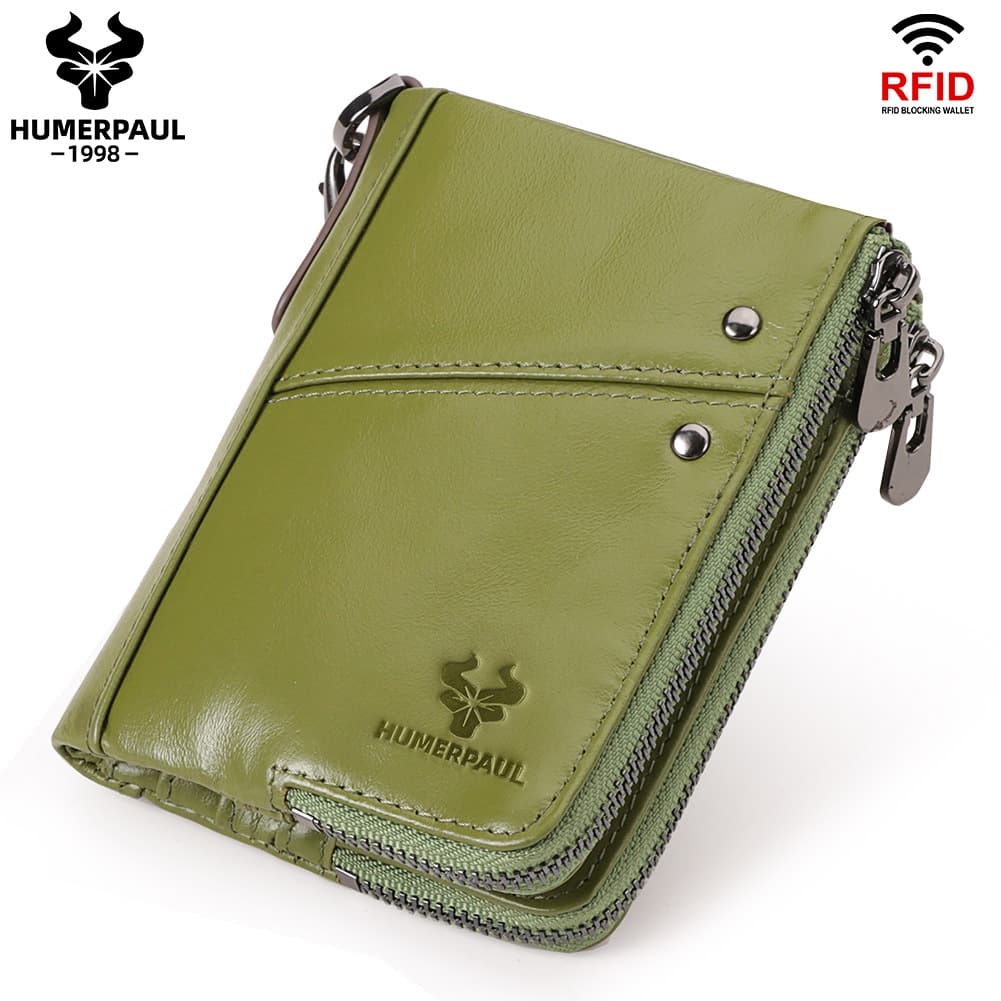 Genuine Leather Double Zipper Wallet - Green RFID Blocking - Green - 13 cm