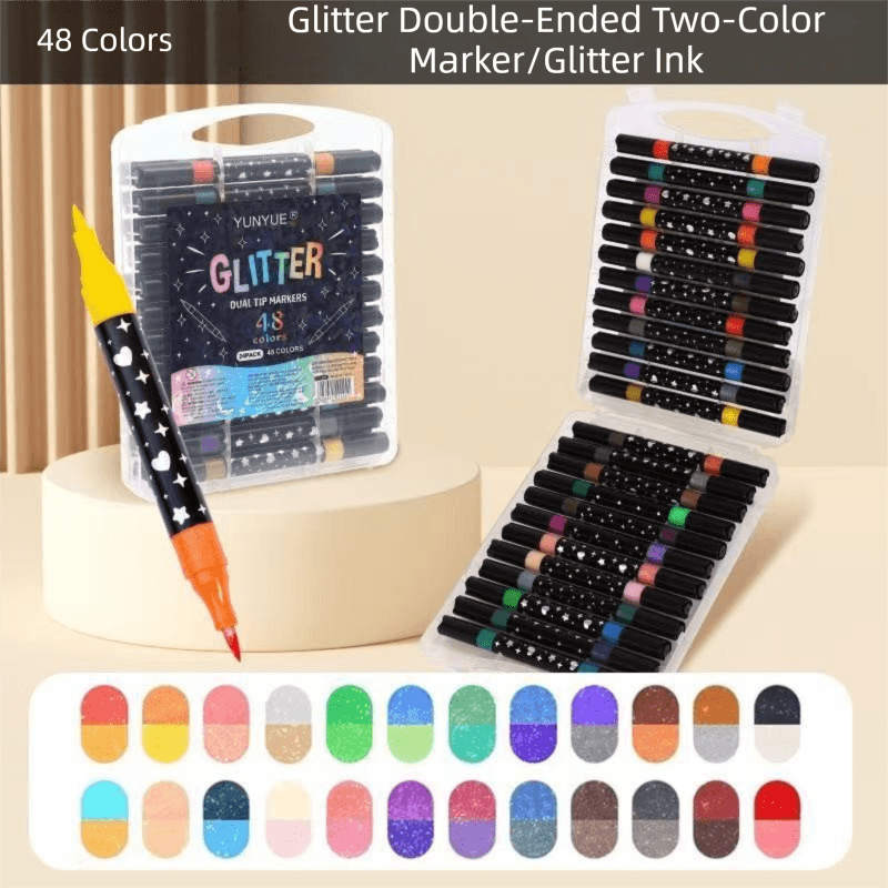 24 Pack Dual-Tip Glitter Flash Marker Pens - 48 Color Soft Brush & Fine Tip