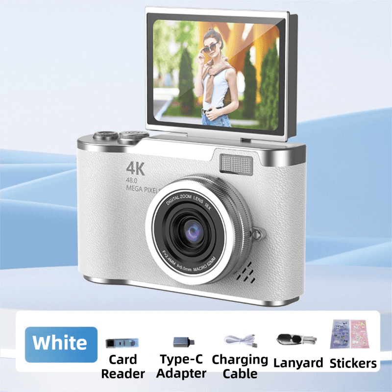 White 4K Compact Digital CCD Camera for Vlogging & Students - Portable Point
