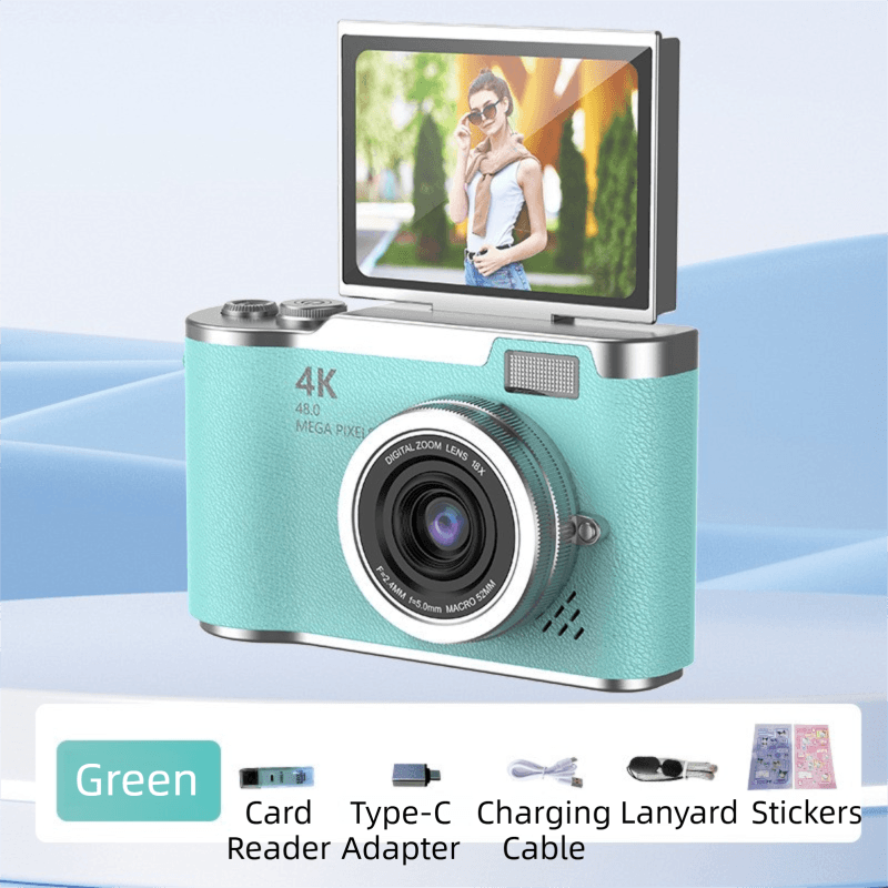 Green 4K Compact Digital CCD Camera for Vlogging & Students - Portable Point