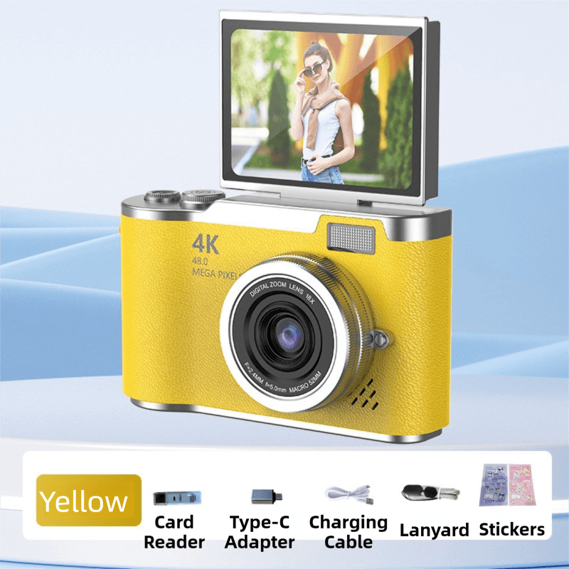 Yellow 4K Compact Digital CCD Camera for Vlogging & Students - Portable