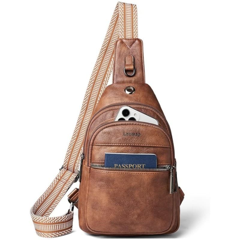 Brown Women's 3-Layer Zipped PU Chest Bag with Reversable Strap - Roomy But