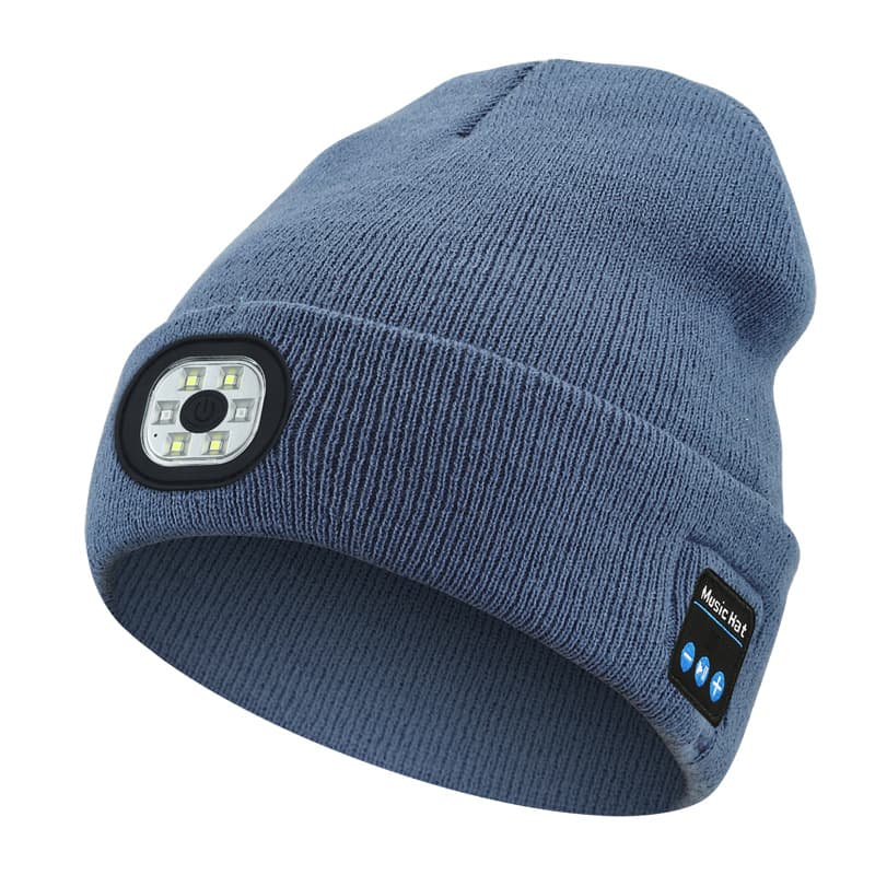 Light Blue Removable LED Bluetooth Headphone Beanie - Washable Knit Hat