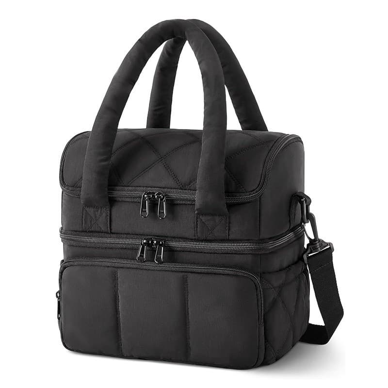 Black Double-Layer Insulated Quilted Puffer Lunch Bag (10 x 7 x 10 inch)