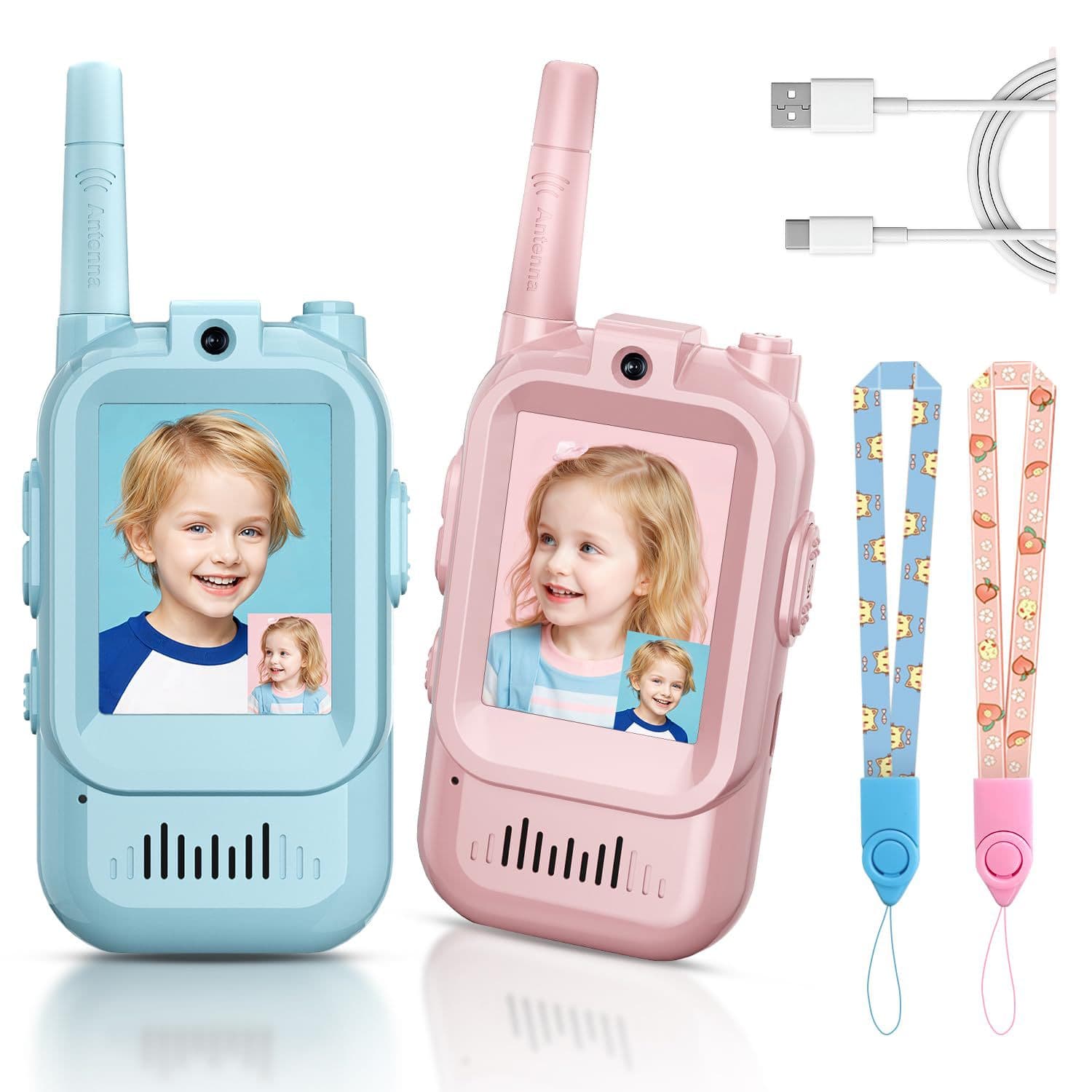 2-Pack Mini Wireless Video Intercom Set for Children - Blue Pink