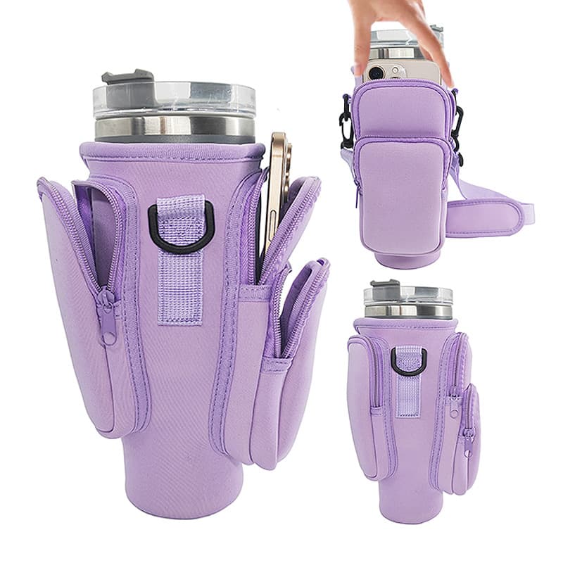 40oz Purple Insulated Tumbler Carrier Sleeve with Adjustable Shoulder Strap