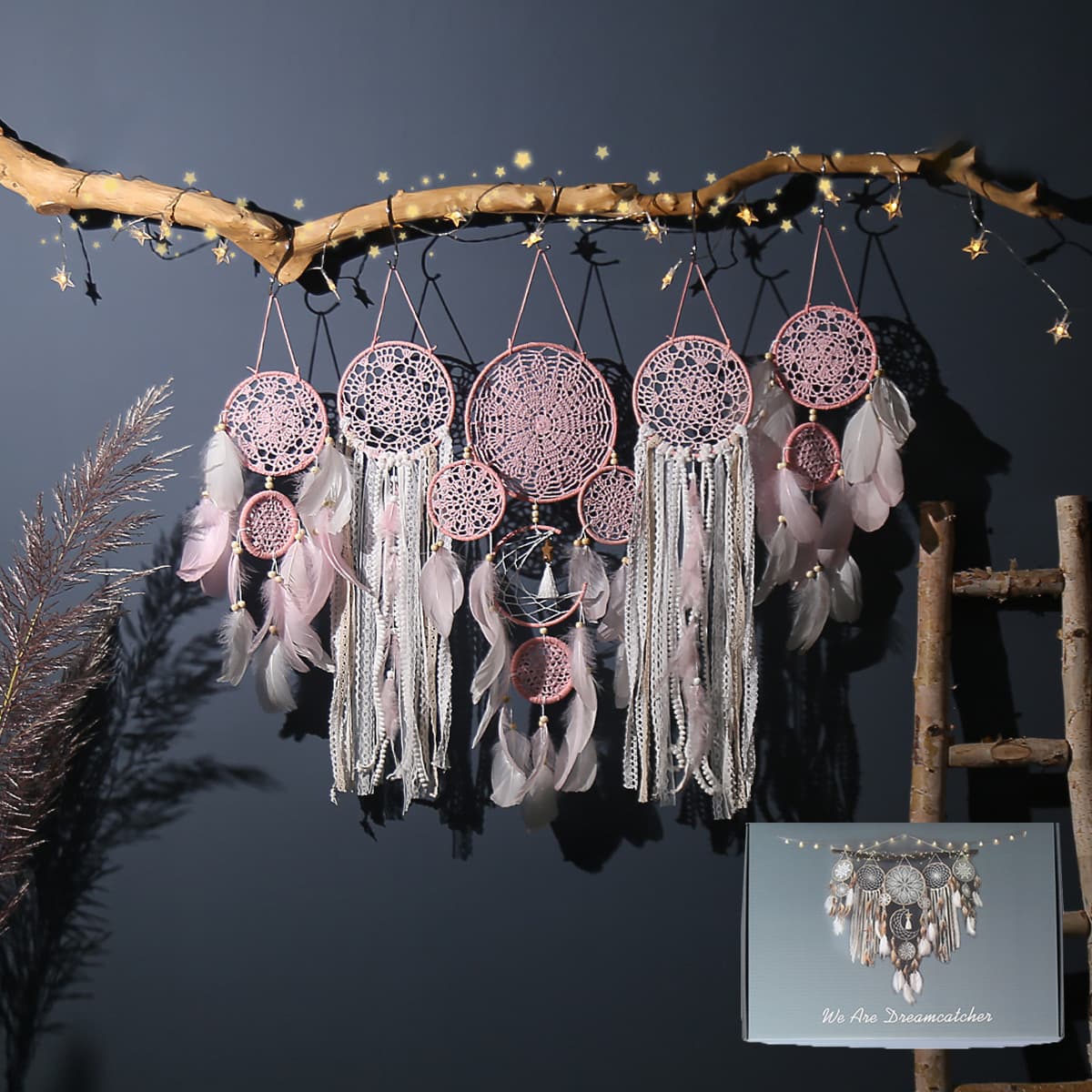 5-Piece Bohemian Handmade Dreamcatcher Wall Hanging Set (Pink) - Nordic