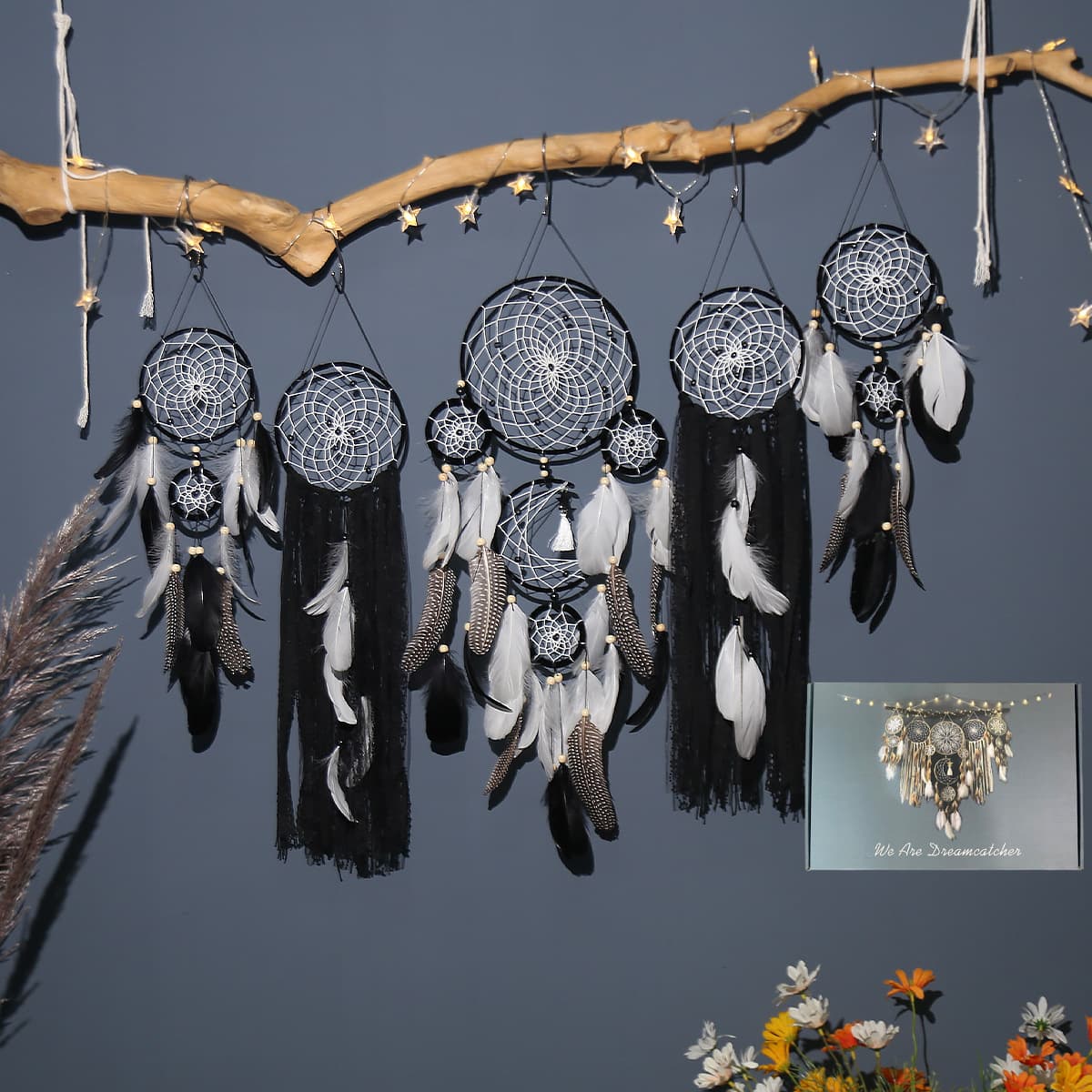 5-Piece Bohemian Handmade Dreamcatcher Wall Hanging Set (Black) - Nordic