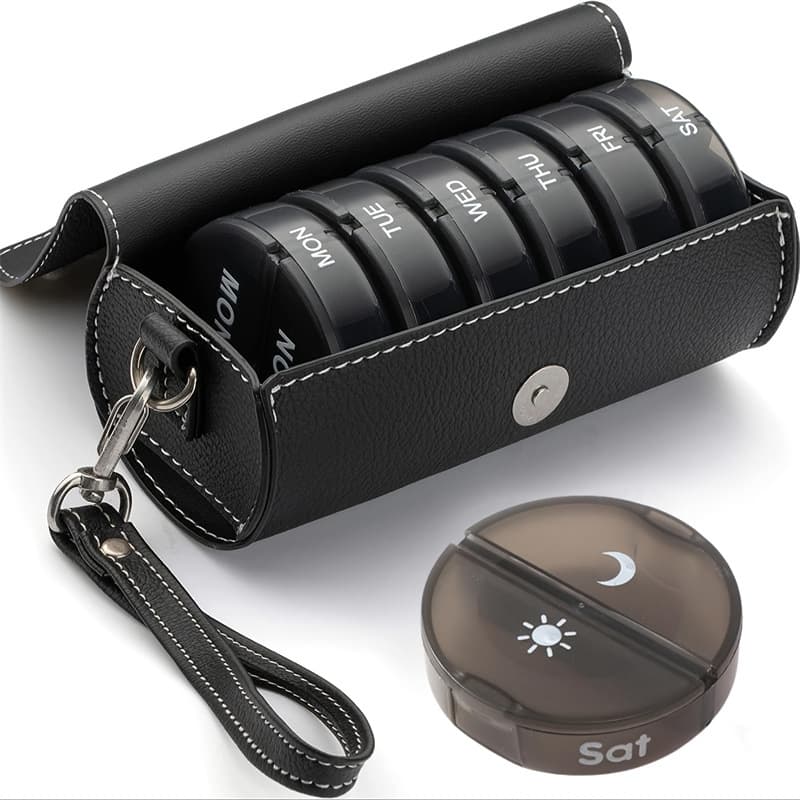 Portable 7-Day Weekly Travel Pill Organizer - Black 14 Black Compartments