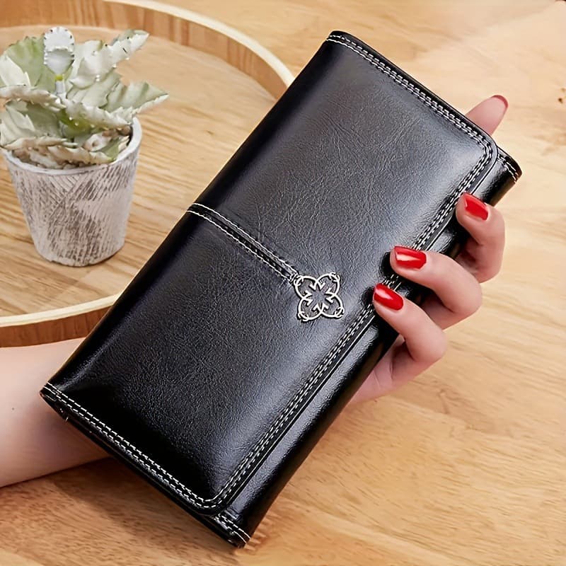 Black Women's Vintage Oil Wax Leather Long Wallet - Large Capacity Purse