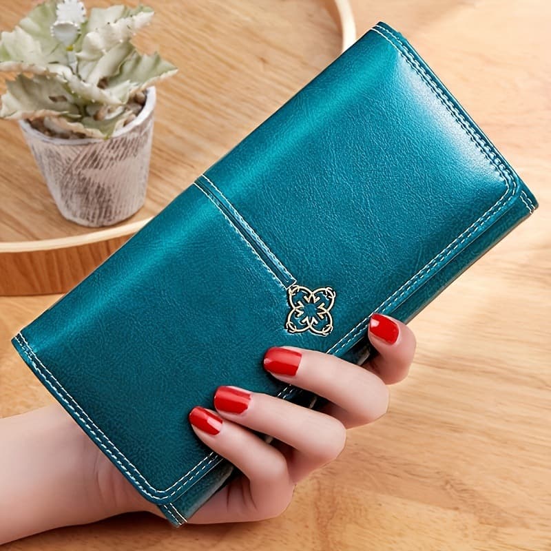 Peacock Blue Women's Vintage Oil Wax Leather Long Wallet - Large Capacity