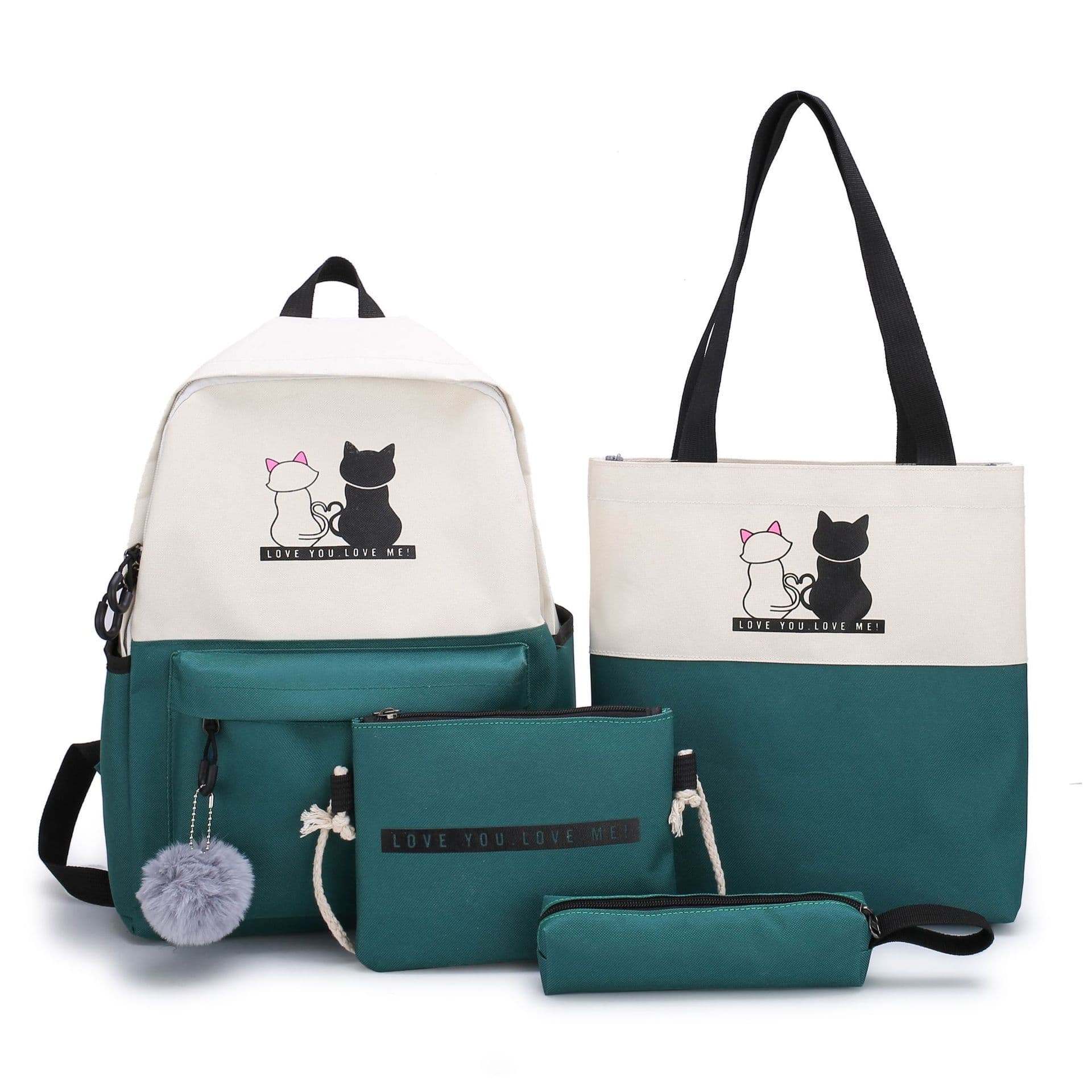 4-Piece Green Student Backpack Set with Cat Print - Canvas School Bag Combo