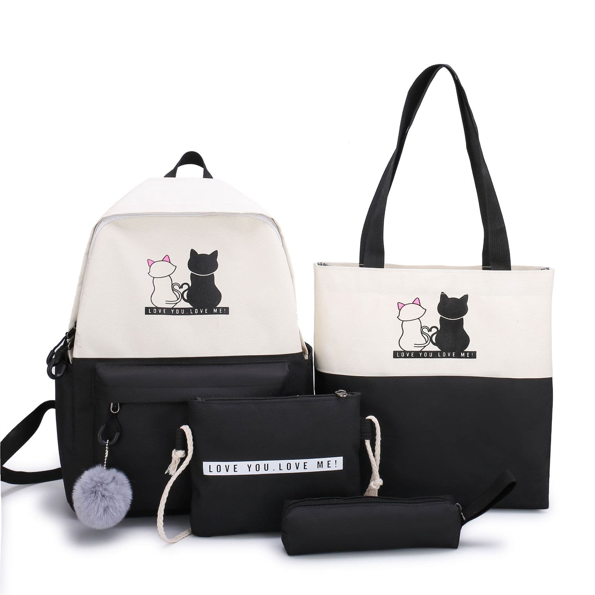 4-Piece Black Student Backpack Set with Cat Print - Canvas School Bag Combo
