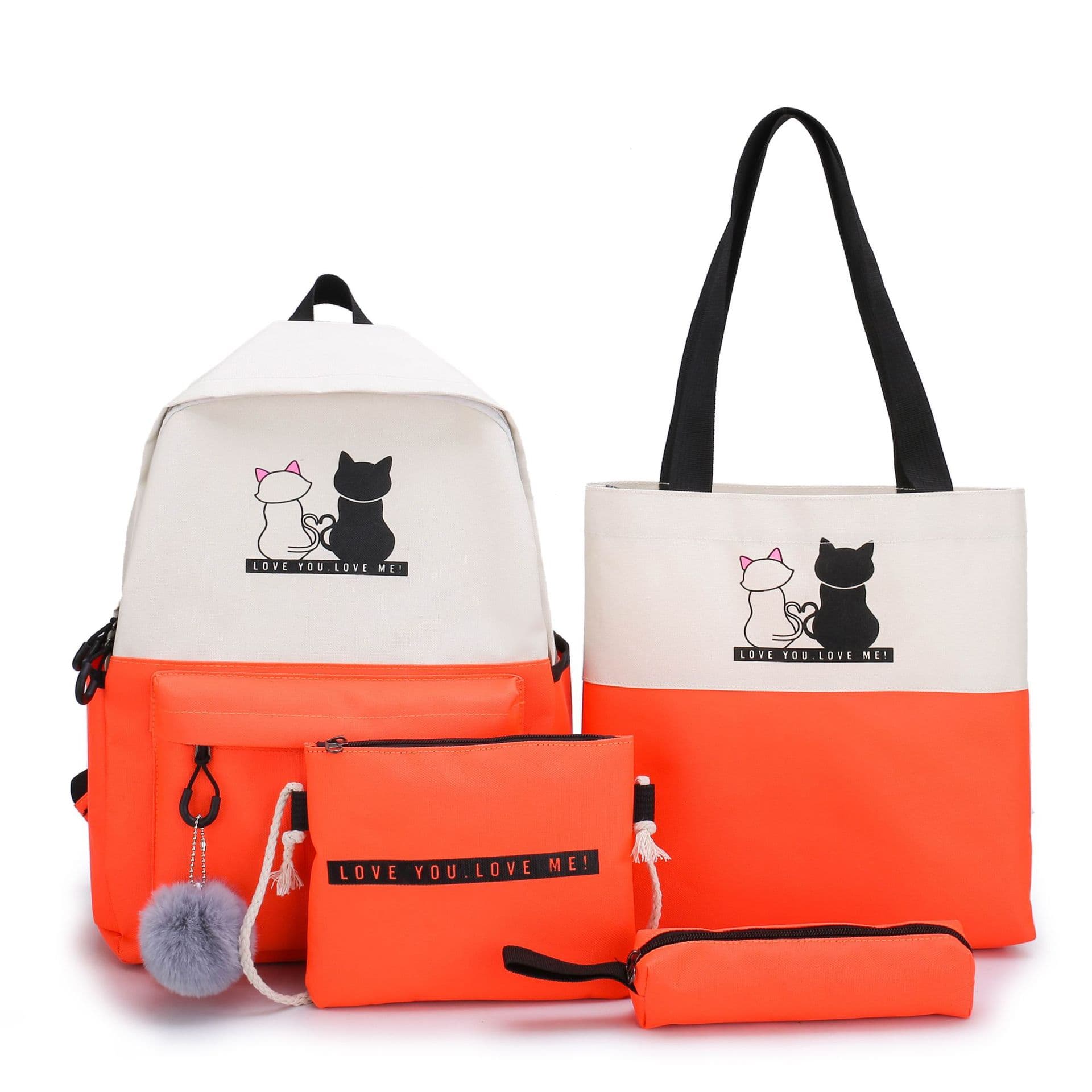 4-Piece Orange Student Backpack Set with Cat Print - Canvas School Bag Combo