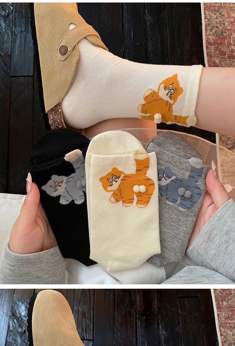 6-Pair 3D Cartoon Cat Mid Socks - Breathable & Odor-Resistant Cotton Blend
