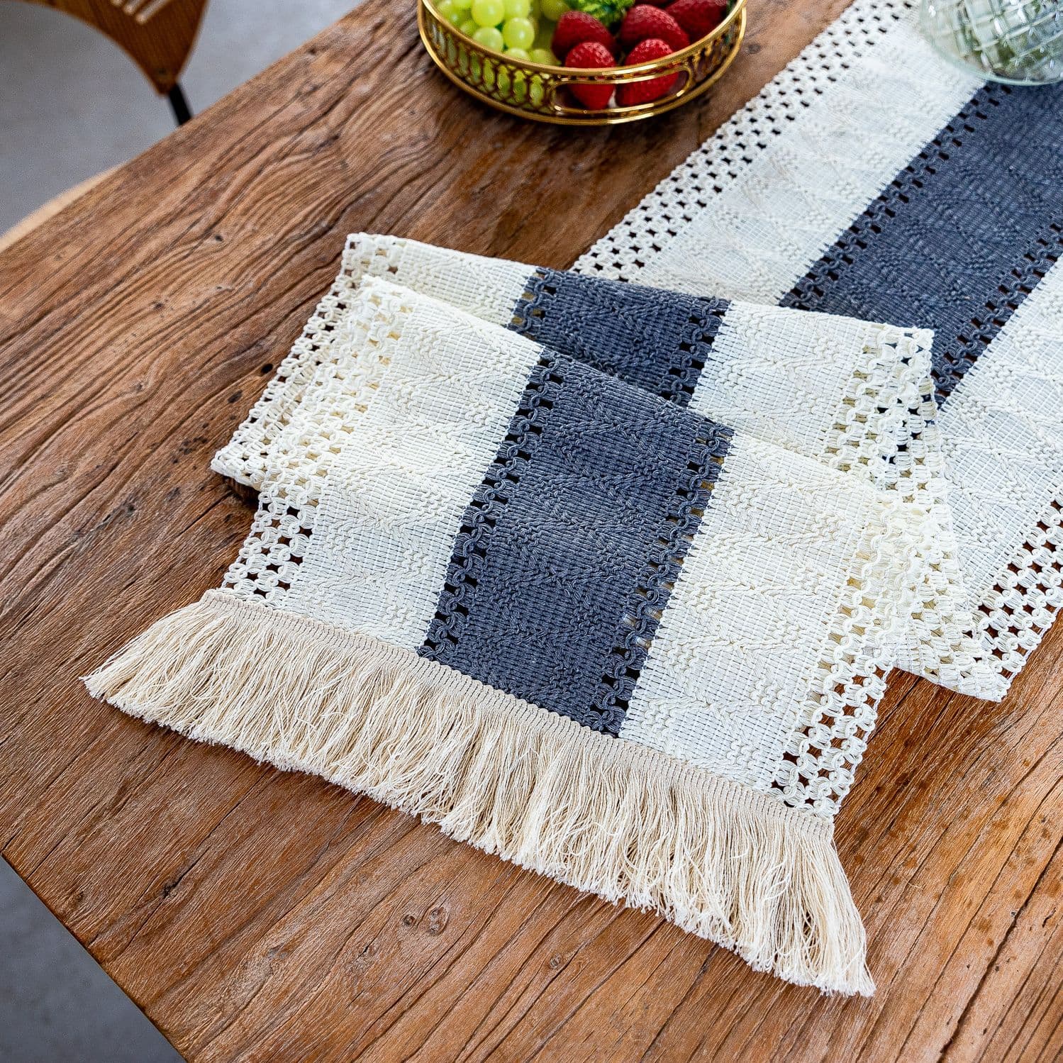 White-Grey Bohemian Woven Table Runner with Tassels (30 × 183 cm)