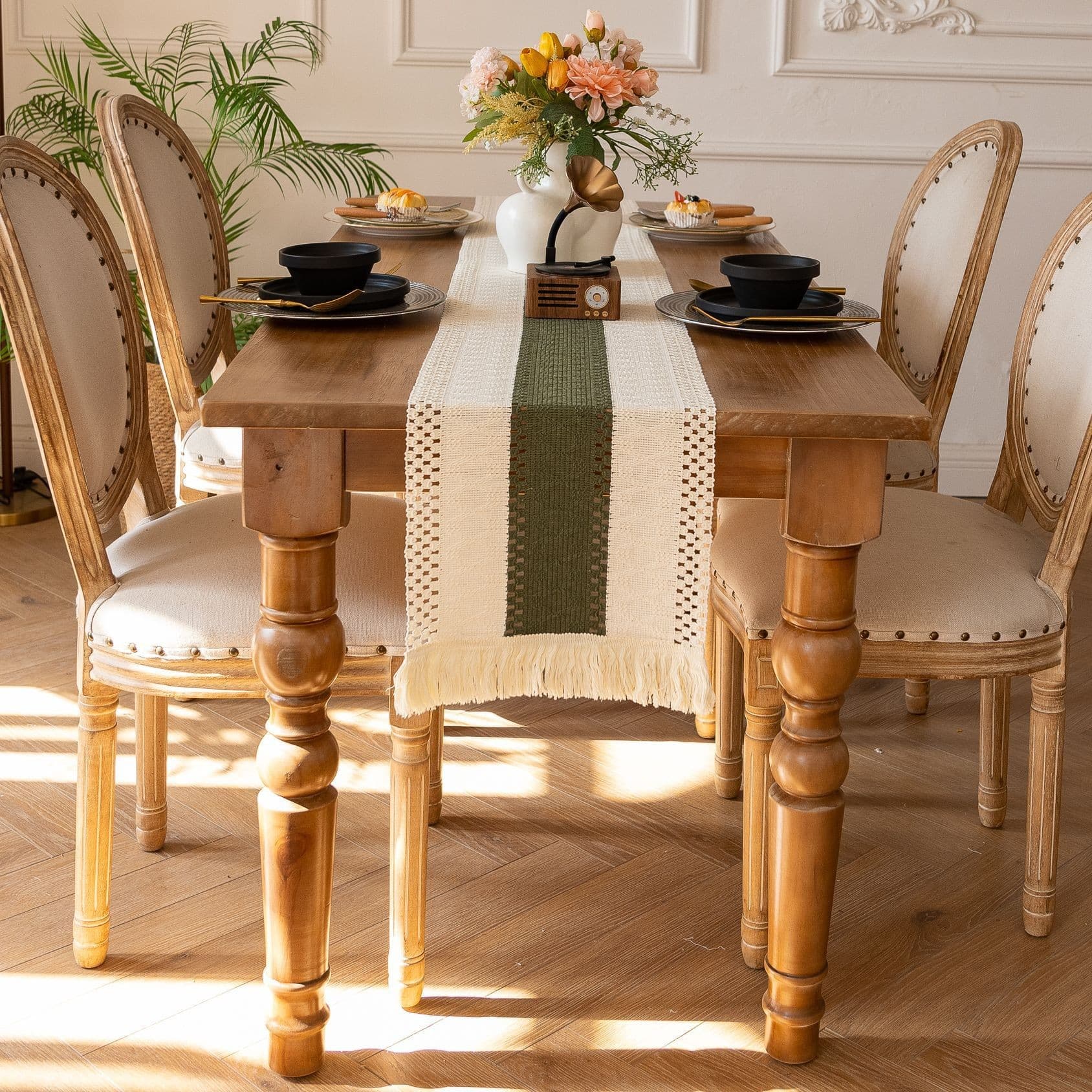 White-Green Bohemian Woven Dining Mat with Tassels (30 × 50 cm)