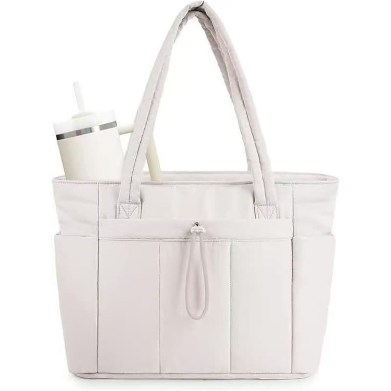 White Quilted Puffer Nylon Tote/Laptop Bag for Women with Internal Cup