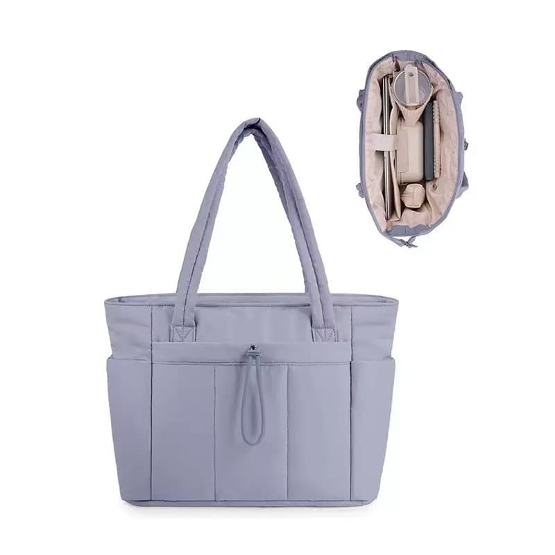 Purple Quilted Puffer Nylon Tote/Laptop Bag for Women with Internal Cup