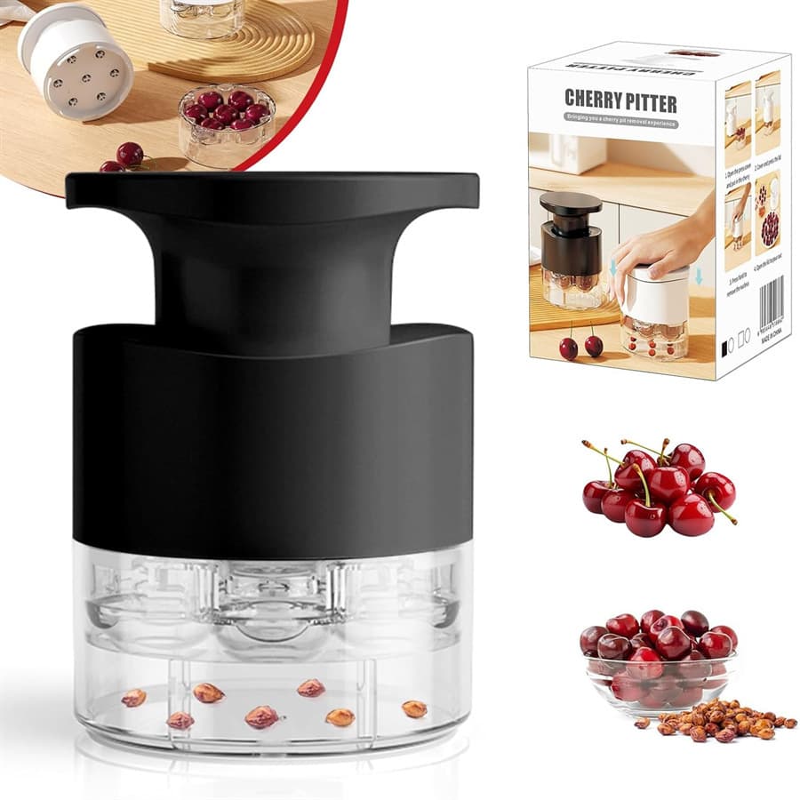 Black Efficient 7-Hole Cherry Pitter Tool - Food Grade Push-Type Fruit Corer