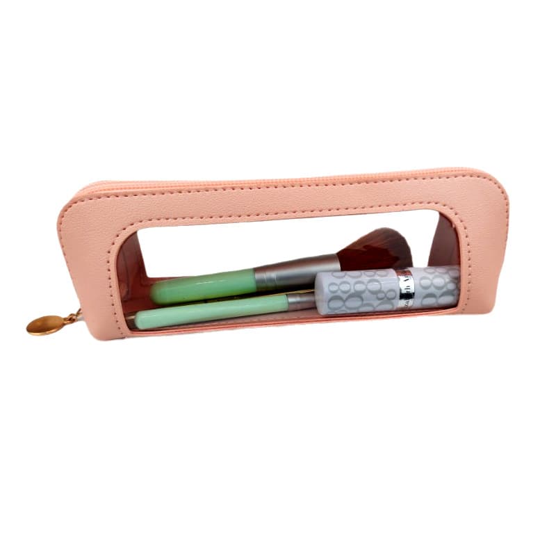 2-Pcs Pink Transparent Makeup Brush Case - Portable Zippered Cosmetic Pouch