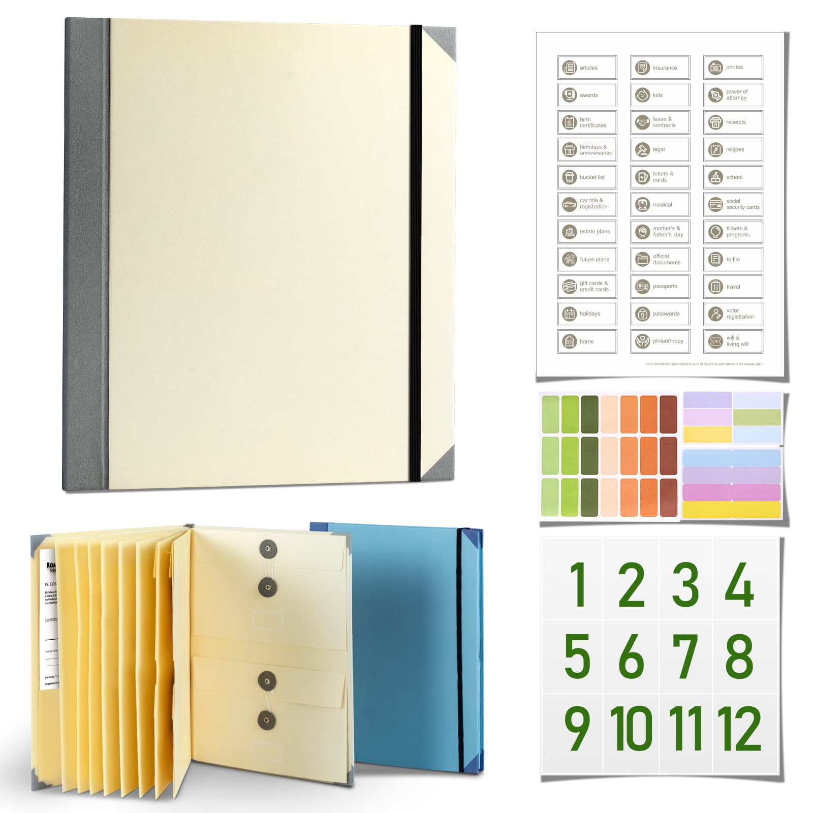 Khaki Important Document Organizer Folder with 10 Manila Envelopes