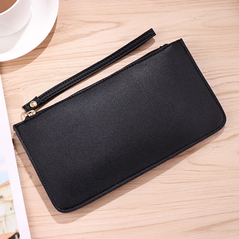 Black Women's Soft PU Leather Double-Layer Zip Wallet with Wrist Strap