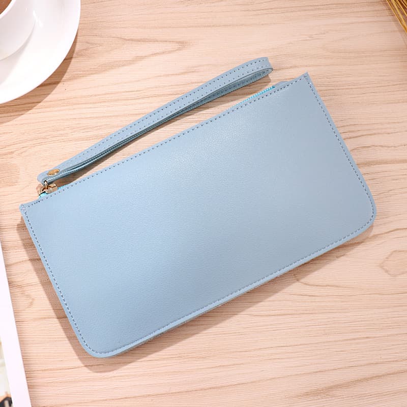 Light blue Women's Soft PU Leather Double-Layer Zip Wallet with Wrist Strap