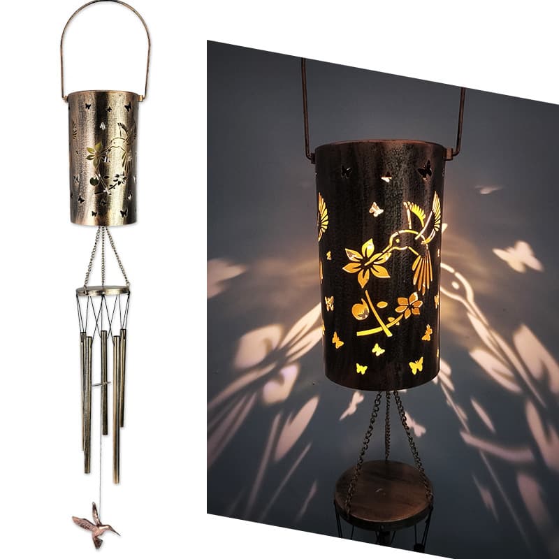 Hummingbird Solar Wind Chime Lantern with Iron Art Projection