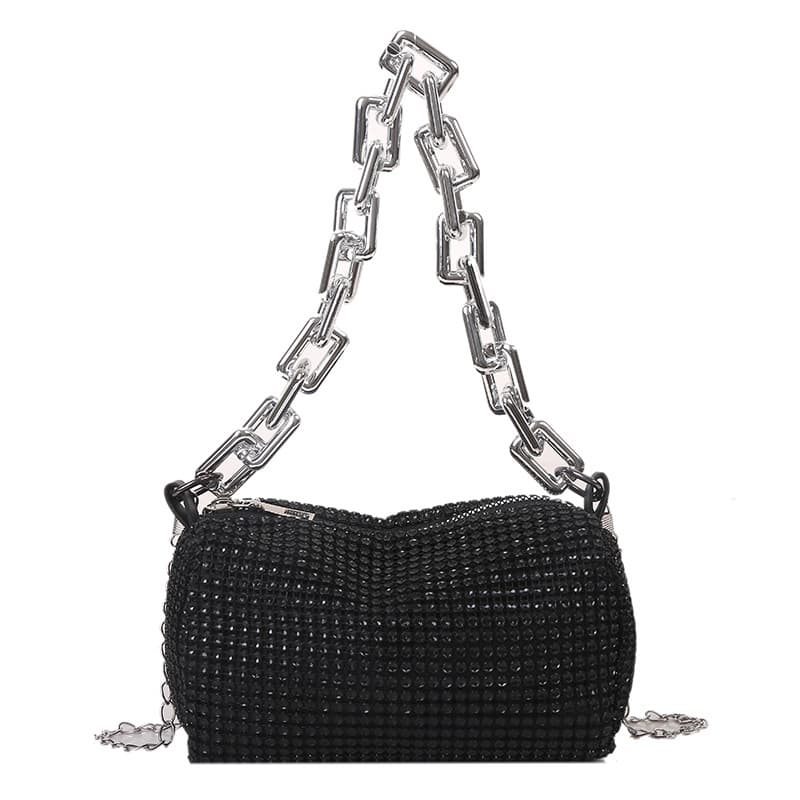 Black Mini Shoulder Bag for Women - Rhinestone-Embellished Pillow-Shaped