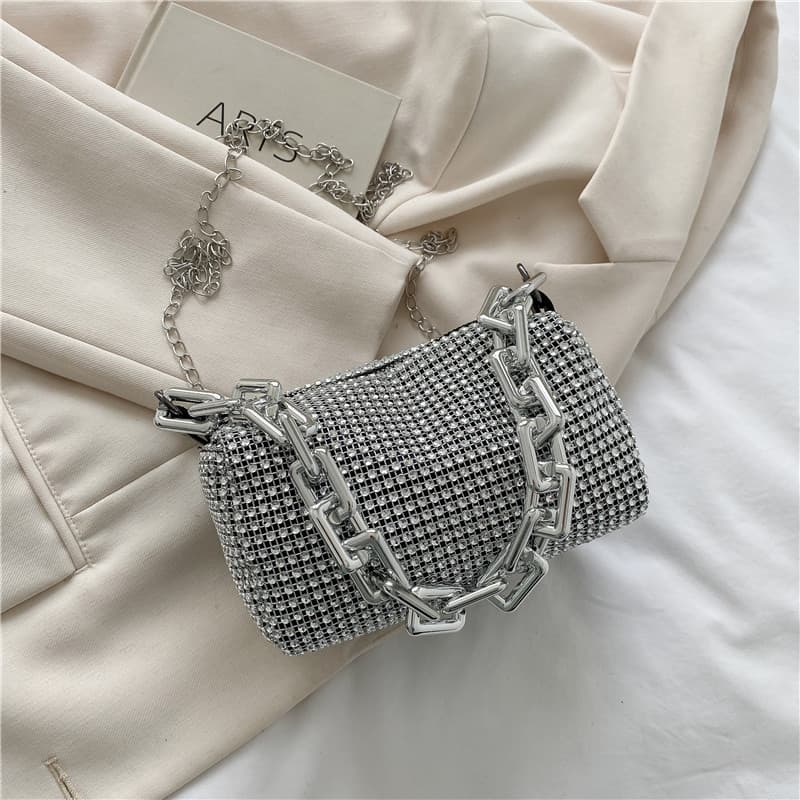 Silver Mini Shoulder Bag for Women - Rhinestone-Embellished Pillow-Shaped