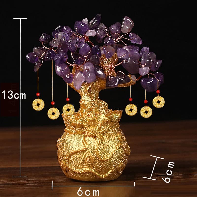 Purple Handcrafted Crystal Tree Ornament - Resin Money Bag Base with Hanging