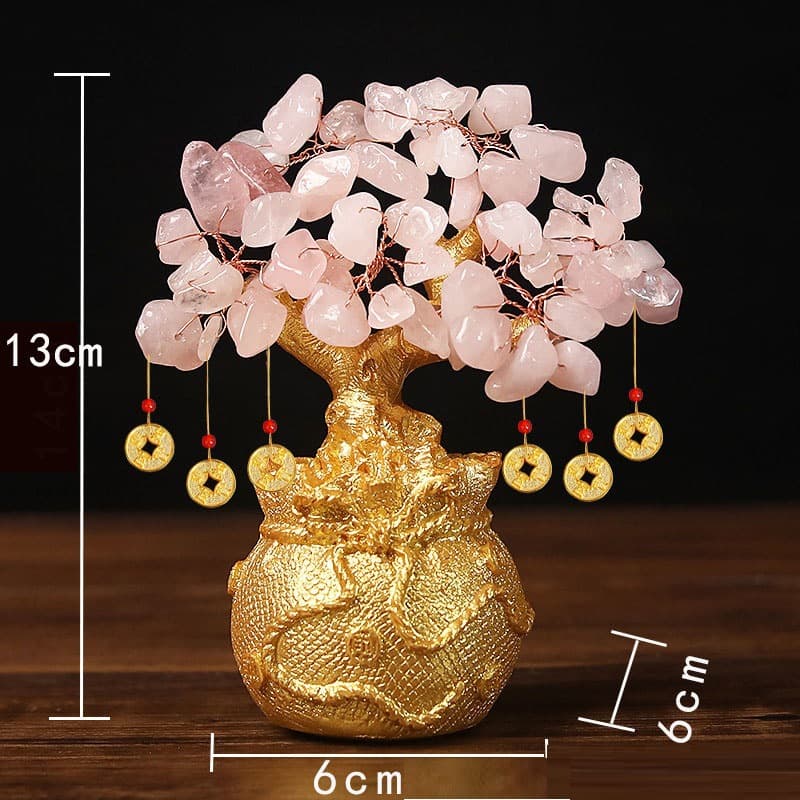 Pink Handcrafted Crystal Tree Ornament - Resin Money Bag Base with Hanging