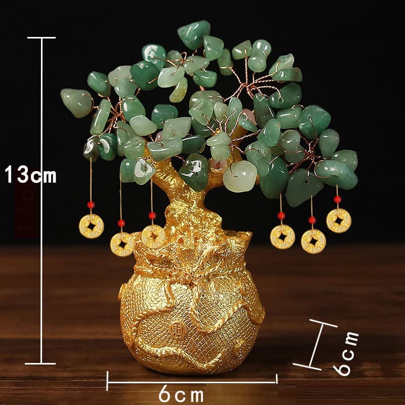 Green Handcrafted Crystal Tree Ornament - Resin Money Bag Base with Hanging