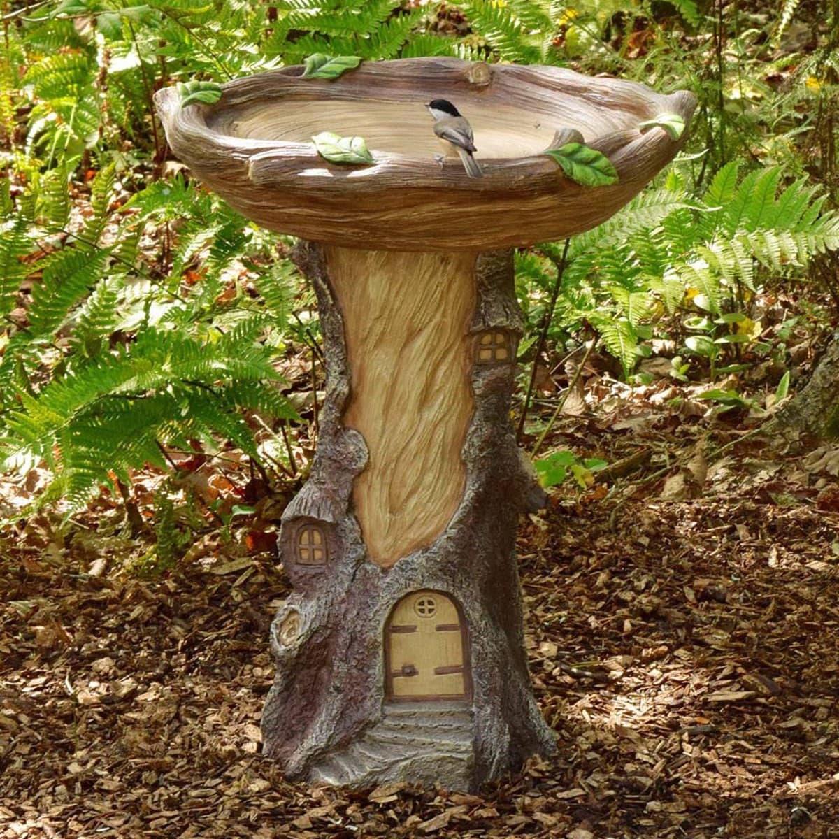 Whimsical Tree Stump Bird Bath - Resin Garden Decor with Fairy House Design