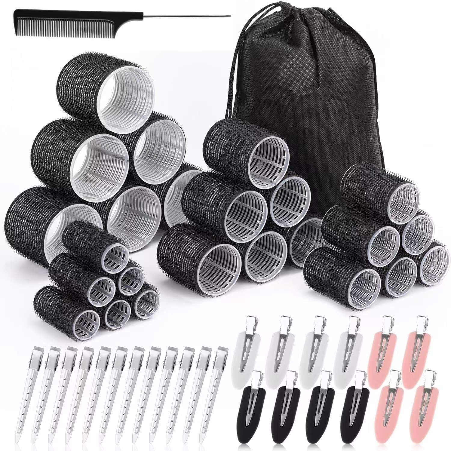 Black 50-Piece Pink Plastic Hair Rollers Set with Clips - Black 50 Hair