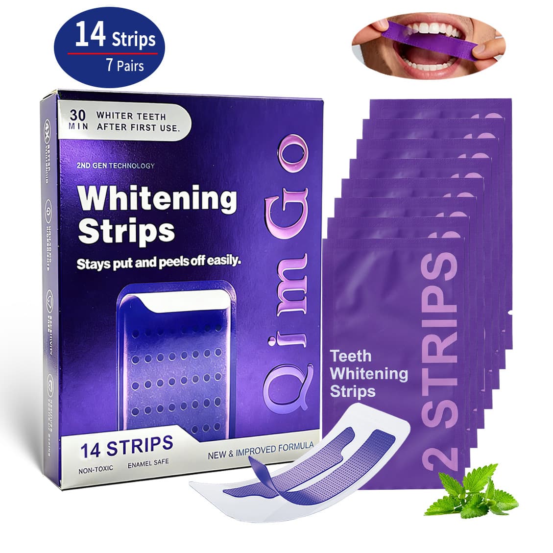 7-Pair Purple Teeth Whitening Strips - Stain-Removing Film for Brighter