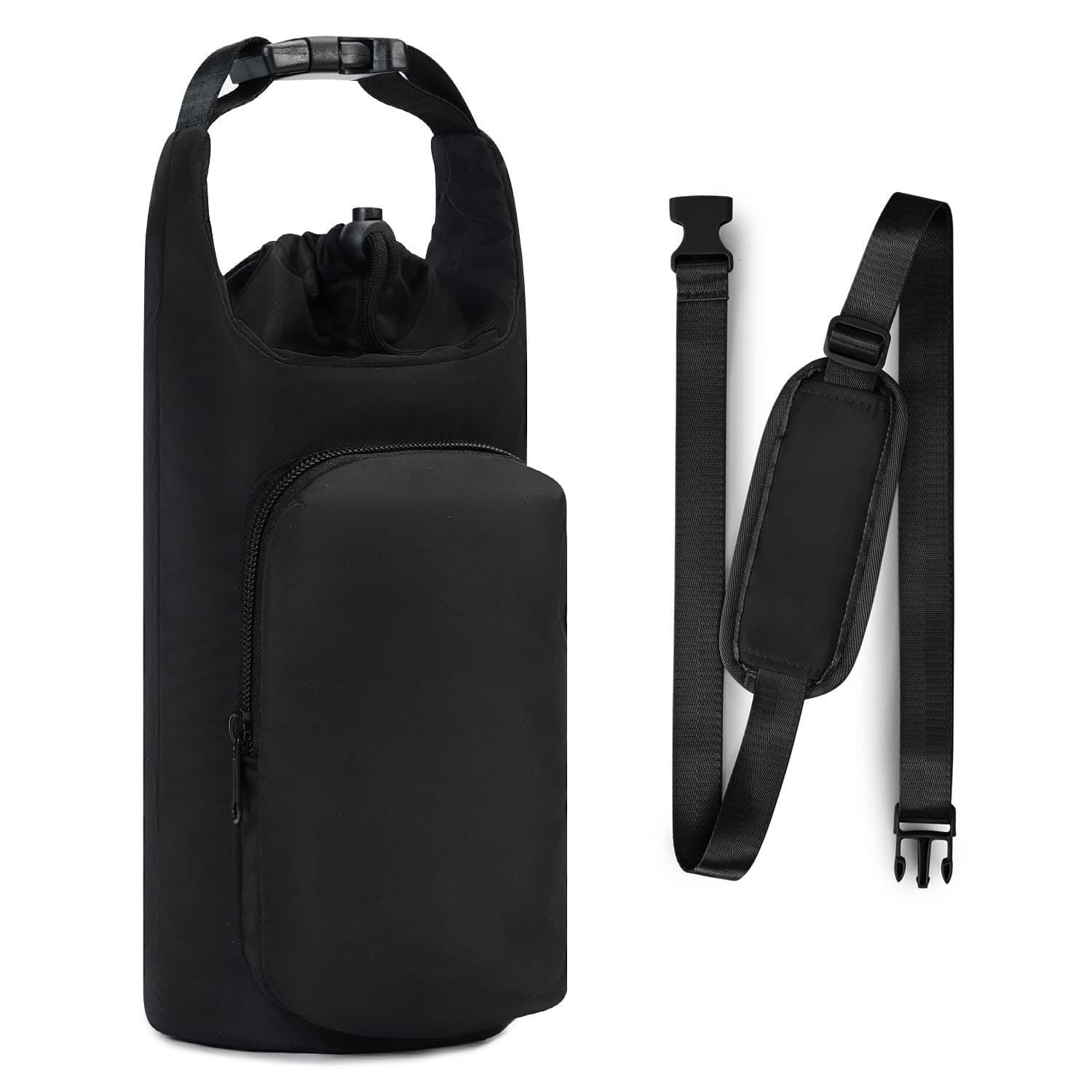 Black Insulated Water Bottle Carrier with Shoulder Strap - Portable Sleeve