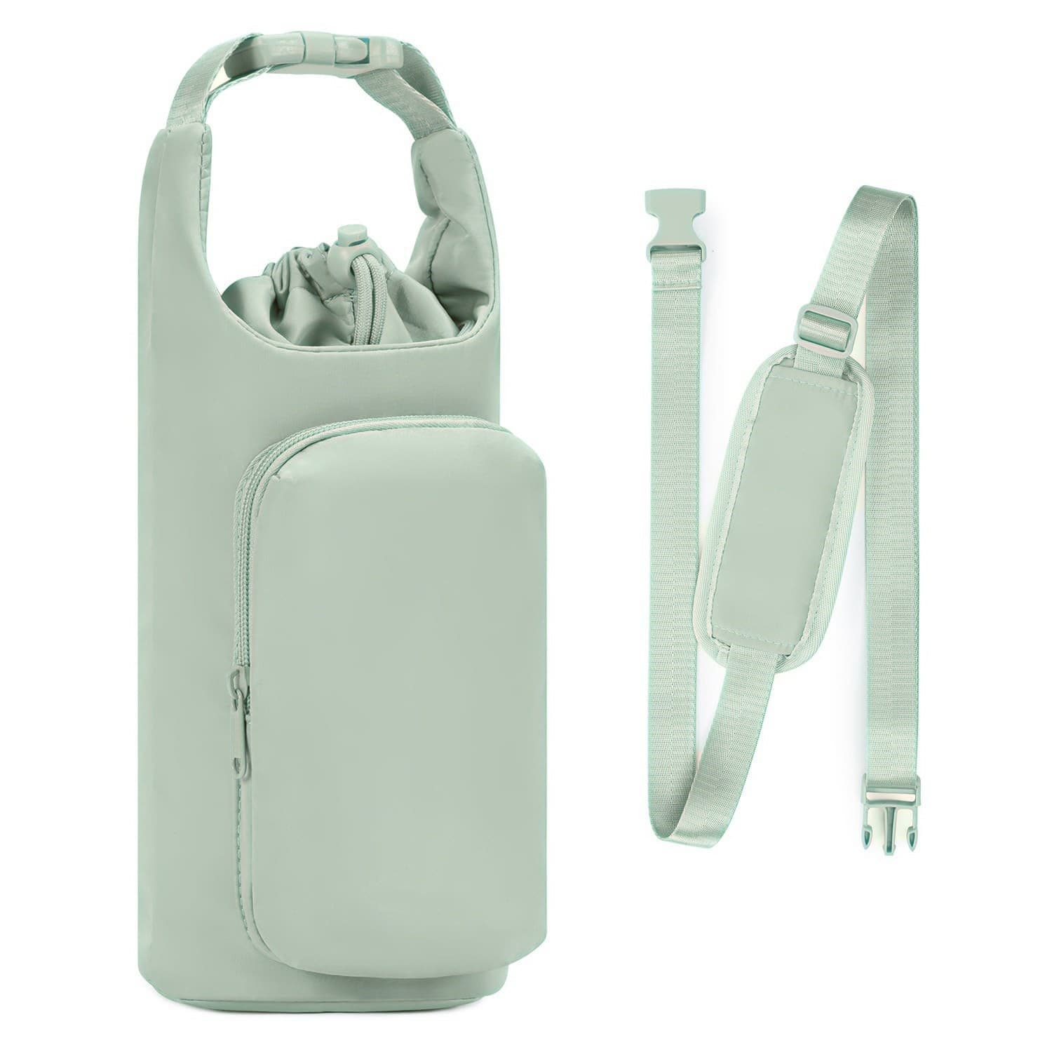Green Insulated Water Bottle Carrier with Shoulder Strap - Portable Sleeve