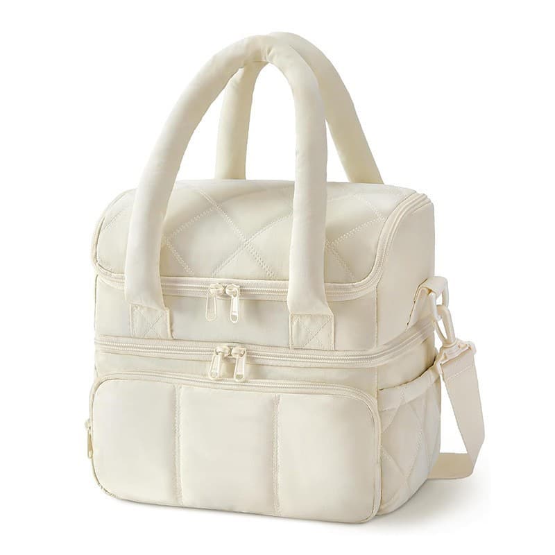 Beige Double-Layer Insulated Lunch Bag - Quilted Design with Top and Bottom