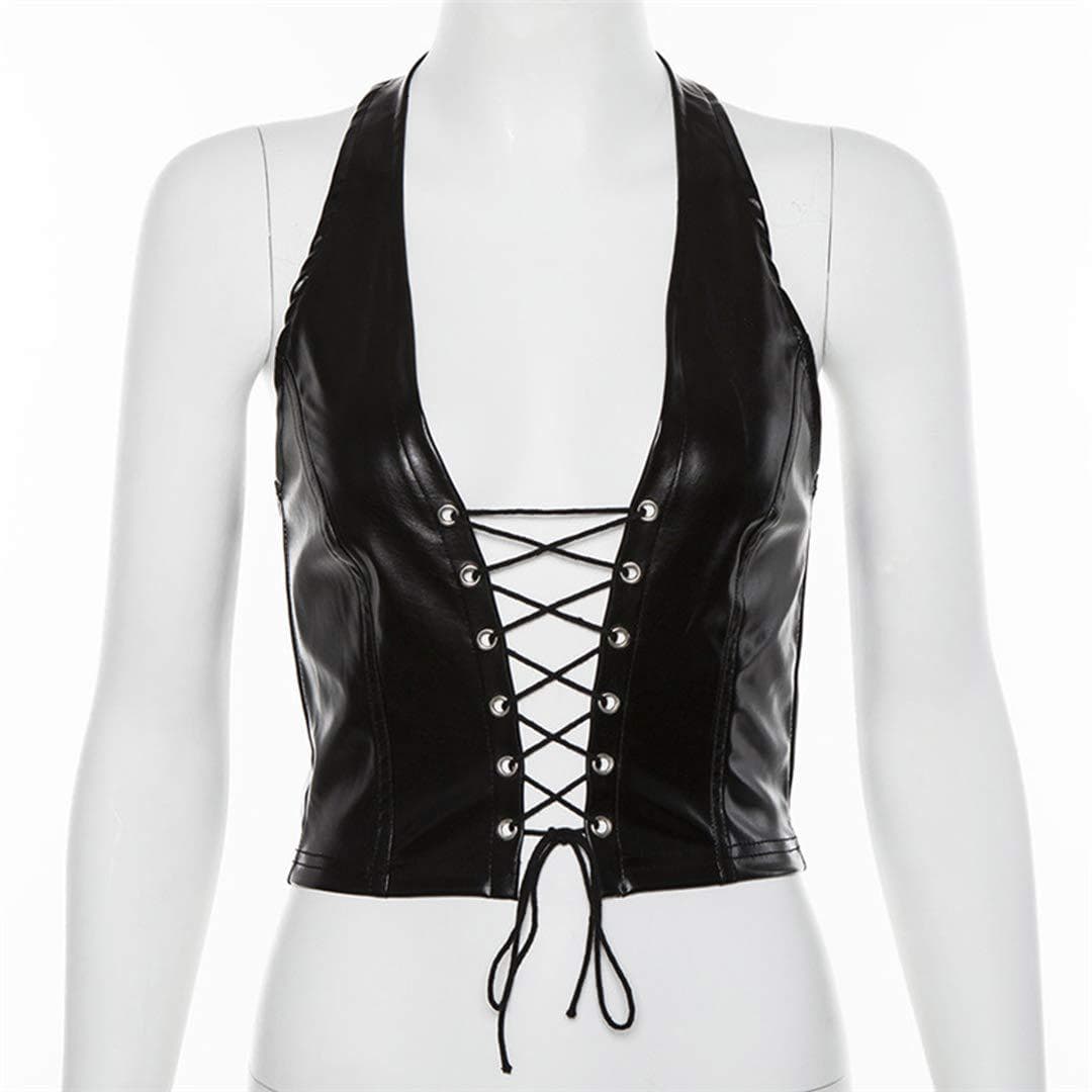 Women's Faux Leather Halter Crop Top Sexy Lace Up Deep V Camisole Gothic