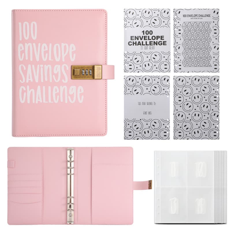 100 Envelope Savings Challenge Binder with Password Lock A5 Cash - Pink