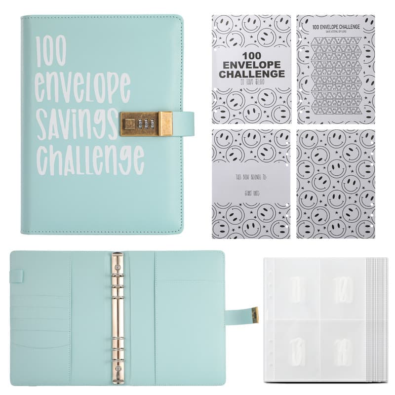 100 Envelope Savings Challenge Binder with Password Lock A5 Cash - Blue