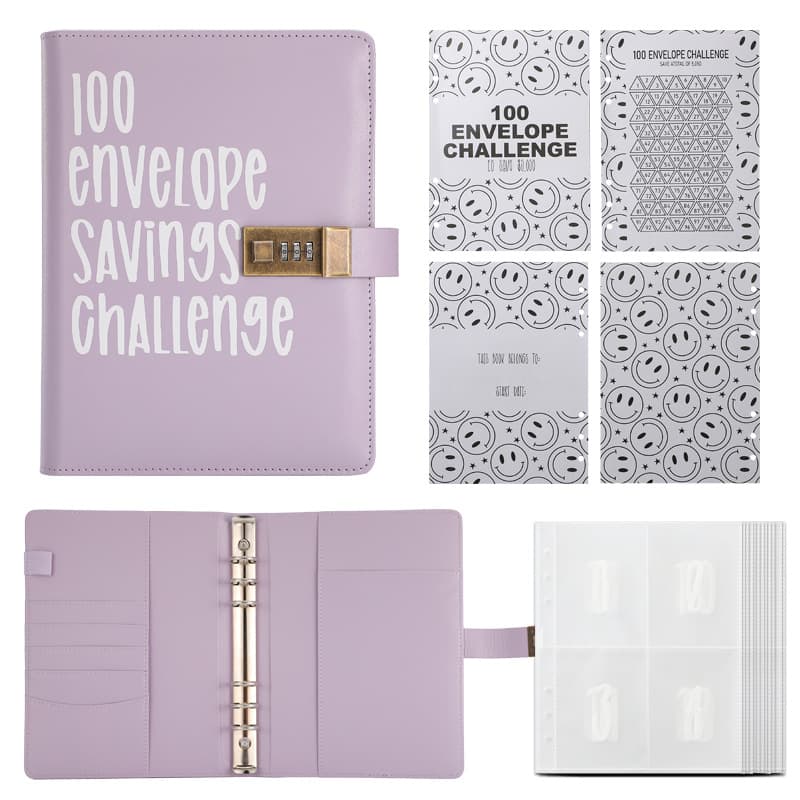100 Envelope Savings Challenge Binder with Password Lock A5 Cash - Purple