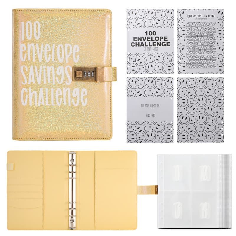 100 Envelope Savings Challenge Binder with Password Lock - Glitter Yellow